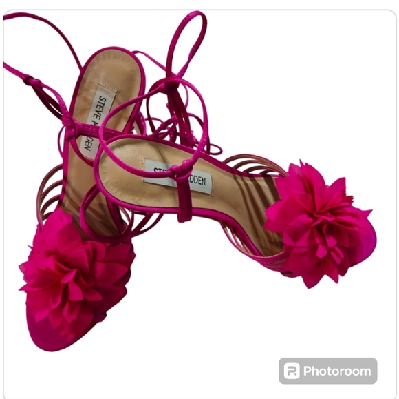 Steve Madden Jolisa Pink Sandals Satin Flower Ankle Wrap Stiletto New sz 8 - Picture 5 of 12